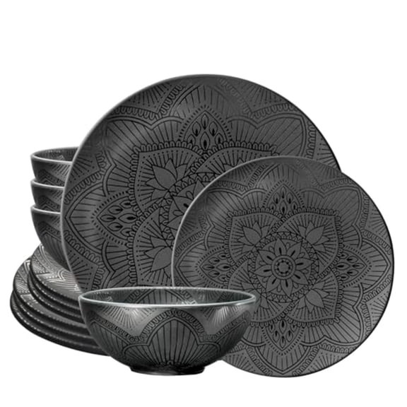 12 Piece Black Melamine Dinnerware Set - Durable Dishwasher Safe Black Plates and Bowls - Ideals for Parties Camping Dish Set La La Mandala