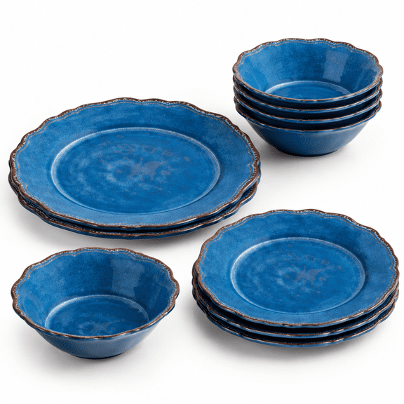 12 Piece Blue Rustic Farmhouse Dinnerware Set, Service for 4