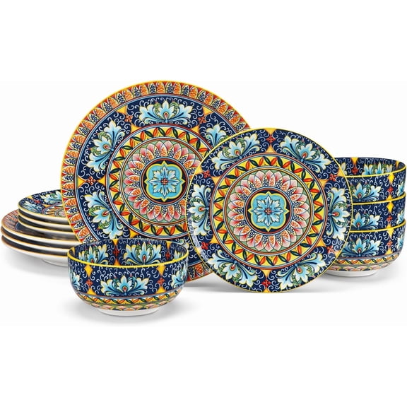 12-Piece Bohemian Yellow Porcelain Dinnerware Set for 4, Microwave and Dishwasher Safe, Scratch Resistant, Glossy Floral Design