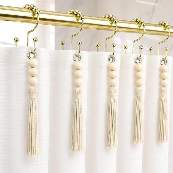 12 Piece Boho Shower Curtain Hooks Gold Cotton Tassels Wood Beads