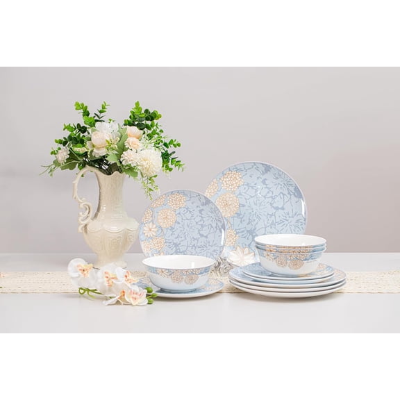 12-Piece Bone China Dinnerware Set, Chip and Crack Resistant, Dishwasher & Microwave Safe, Dense and Translucent Plates & Bowls