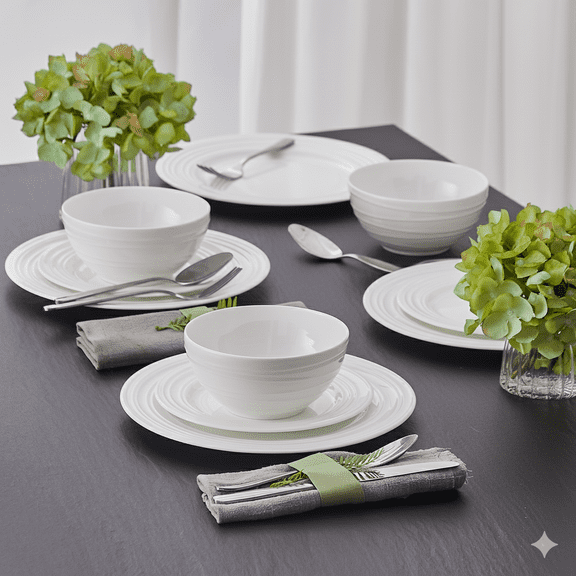 12 Piece Bone China Dinnerware Set, White Plates and Bowls Set for 4, Lightweight & Durable, Microwave and Dishwasher Safe, Everyday Dining