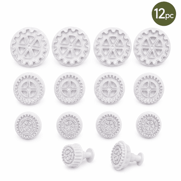 12-Piece Cake Decorating Stamp Tool Set, Gear Spring Press Fondant Embosser Kit, White Plastic Baking Impression Tools for Cookies, Pastries, Cupcakes and Dessert Decorating