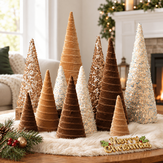 12-Piece Camel Brown Sequin Cone Tree Table Centerpiece Decor Set ...