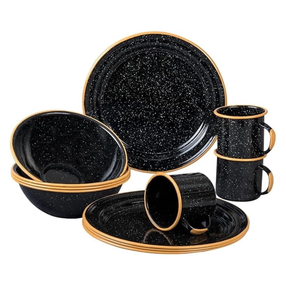 12-Piece Camping Mess Kit - Enameled Steel Cookware Set - Speckled Black with Color Rim - Plates, Bowls & Mugs for Outdoors, Picnics, BBQ