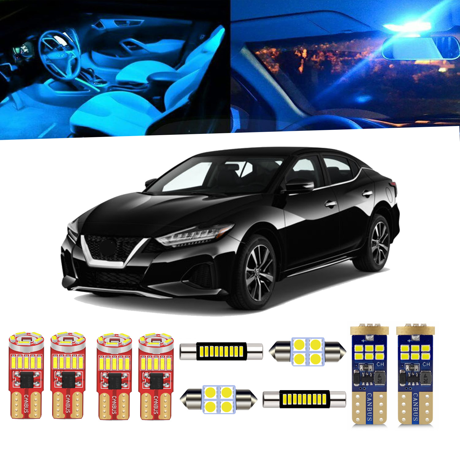 Kit de 12 luces LED interiores para auto, compatible con Nissan Maxima 2016-2023, incluye luces para baúl, espejo de vanidad, puertas y pies, con herramienta de instalación