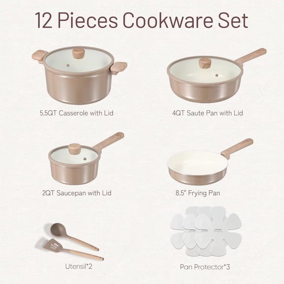 12-Piece Ceramic Cookware Set Non-Stick Pots and Pans PFAS Taupe