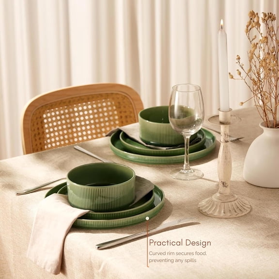 12-Piece Ceramic Dinnerware Set Moss Green Ombre Reactive Glaze Stoneware Service for 4 Microwave Dishwasher Safe