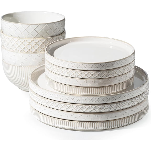 12-Piece Ceramic Dinnerware Set for 4 10.5 Inch Dinner Plates 8 Inch Salad Plates 6 Inch Soup Bowls Microwave and Dishwasher Safe