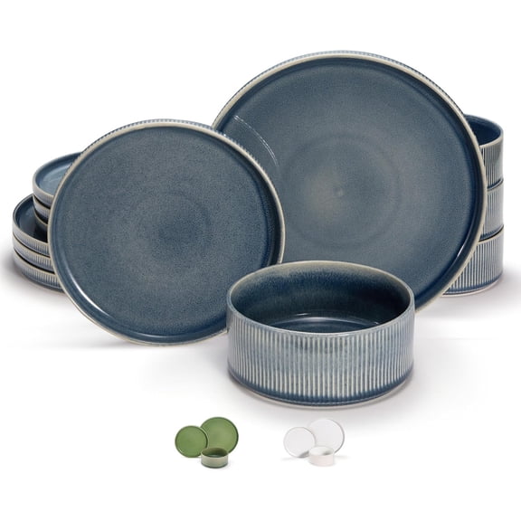12-Piece Ceramic Dinnerware Set for 4 9.8 Inch Dinner Plates 8 Inch Salad Plates 20 Oz Bowls Ombre Reactive Glaze Dishwasher and Microwave Safe Denim