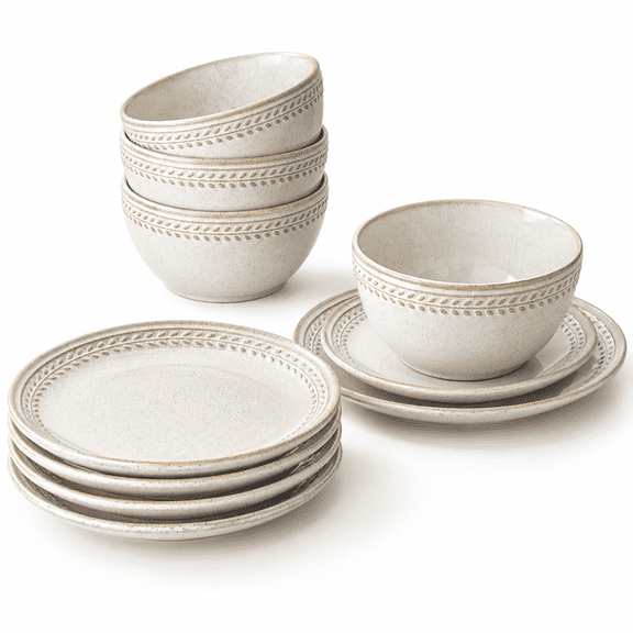 12 Piece Ceramic Dinnerware Set for 4, Beige Wheat Pattern, Microwave and Dishwasher Safe