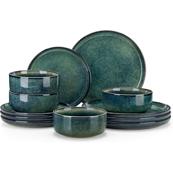 12-Piece Ceramic Dinnerware Set for 4 Green Reactive Glaze Plates and Bowls Dishwasher and Microwave Safe