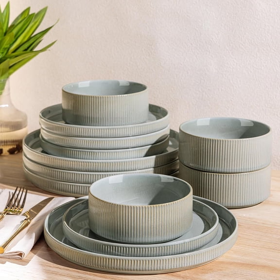12-Piece Ceramic Dinnerware Set for 4 Lightweight Porcelain Plates and Bowls Scratch Resistant Oven Microwave and Dishwasher Safe Desert Sage