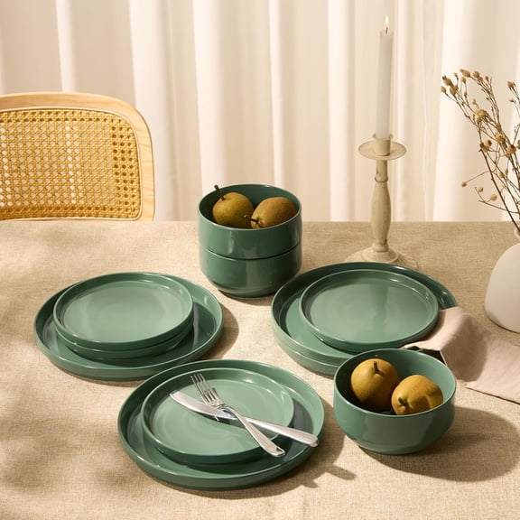 12-Piece Ceramic Plates and Bowls Set for 4 + Round Dusty Jade Dinnerware - Hot Deal Tableware - Practical Tableware for Dinner, Dessert & Breakfast - Designed for Home Dining & Families