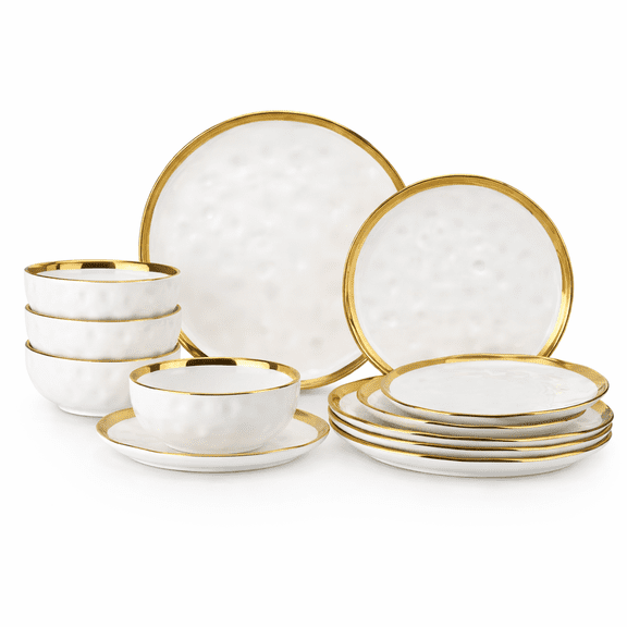 ComfyCreations 12-Piece Ceramic Porcelain Dinnerware Set for 4, White Plates & Bowls with Elegant Gold Rim, Includes Dinner Plates, Dessert Plates & Cereal Bowls