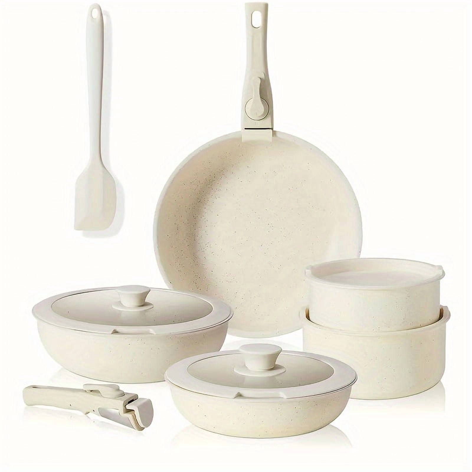 12 Pcs Pots and Pans Set, White Granite NonstickCookware Sets Detachable Handle, StackableInduction Kitchen Cooking Set, Stain & Scratch-resistant