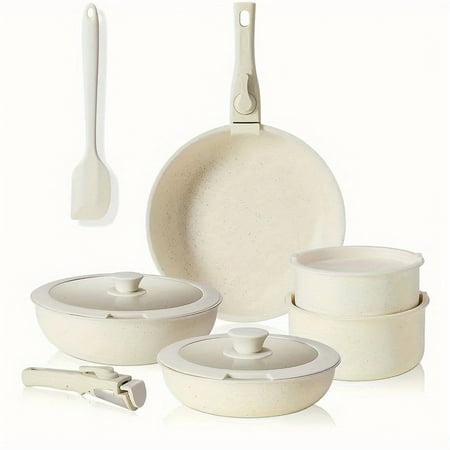 12 Pcs Pots and Pans Set, White Granite NonstickCookware Sets Detachable Handle, StackableInduction Kitchen Cooking Set, Stain & Scratch-resistant