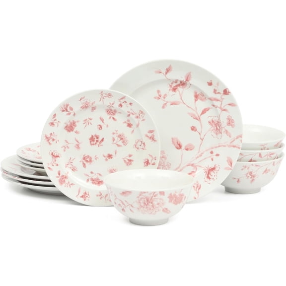 12-Piece Chip and Scratch Resistant Porcelain Dinnerware Set  Pink Floral, Service for 4