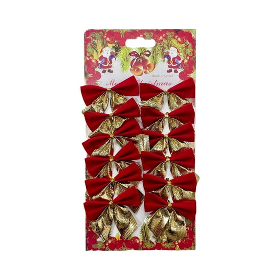 12-Piece Christmas Bow Set with Gold Powder Finish, Mini Plastic Ribbons for Gift Wrapping and Tree Decor, Holiday Party Decoration for Festive Celebration