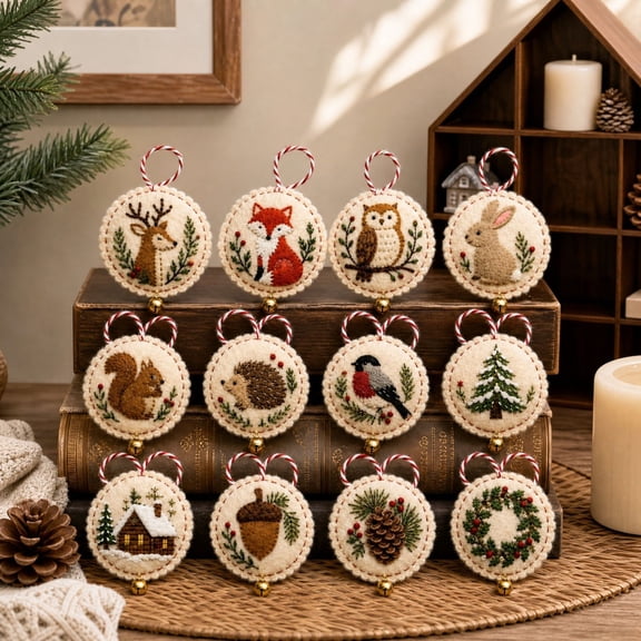 12‑Piece Christmas DIY Embroidery Ornament Kit, Festive Hand‑Stitching Craft Supplies Set, Holiday Hanging Ornament Making Kit for Christmas Tree Indoor Home Art Craft Holiday Decoration