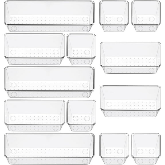 12 Piece Clear Drawer Organizer Set, 3 Sizes Bathroom Vanity Organizer Trays and Storage Bins for Makeup, Cosmetics, Jewelry, and Gadgets. Perfect for Office, Kitchen, Bedroom, Bathroom Use.