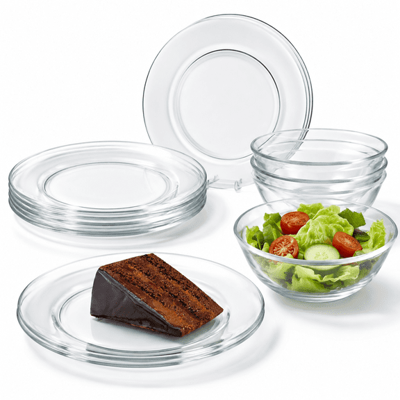 12-Piece Clear Glass Round Dinnerware Set, Dishwasher Safe Plates and