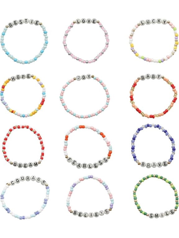 12 Piece Colorful Noctilucent Rainbow Friendship Beaded Bracelets with Letter Beads for Best Friends Birthdays Party