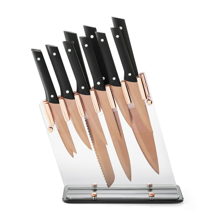 Styled Settings Copper Knife Set with Block-14 PC Self Sharpening Knife  Block Set- Rose Gold Knife Set