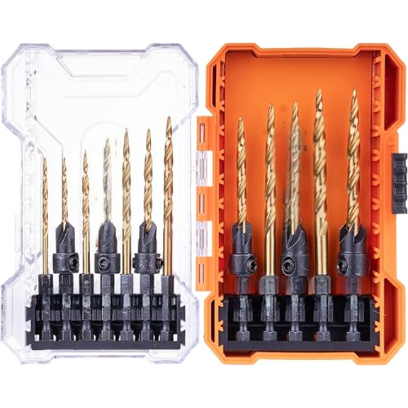 12-Piece Countersink Drill Bit Set, HSS M2 TiN Tapered Drill Bits with 1/4" Quick Exchangeable Hex Shank for Woodworking, with Depth Stop Collar & Allen Key Wrench in Storage Case