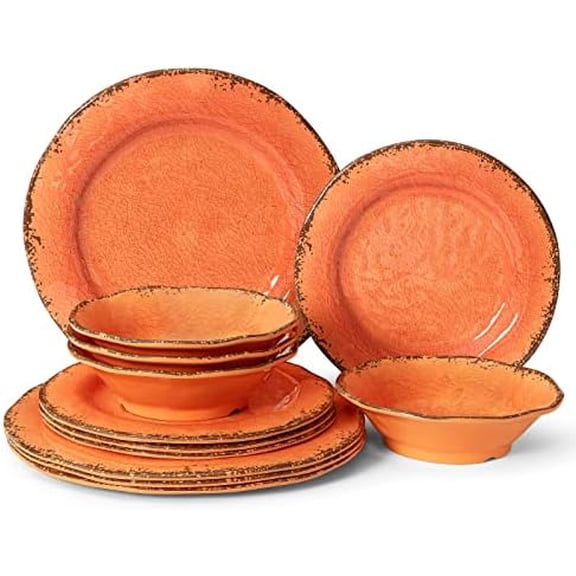 12 Piece Crackle Lightweight Melamine Dinnerware Set-Service for 4, break-resistant and Durable Rustic Plates and Bowls Dishware Sets Perfect for Patio and Outdoor Activities