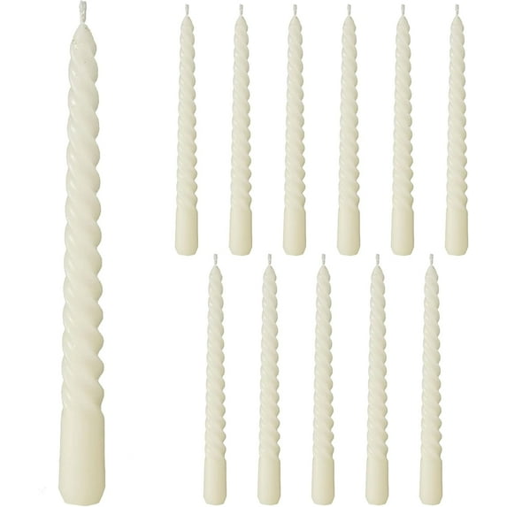 12-Piece Creamy White Twist Taper Candles with 4-Hour Burn Time, Paraffin Wax, 7.75 Inches (2 Boxed Sets of 6)