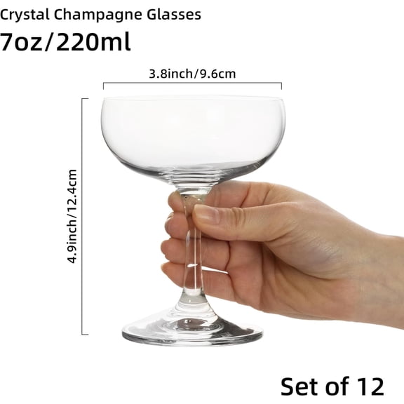 12-Piece Crystal Champagne Glasses, 7oz Elegant Coupe – Classic Cocktail Glassware for Martini, Margarita, Bar, Party, Mixology, Dishwasher Safe
