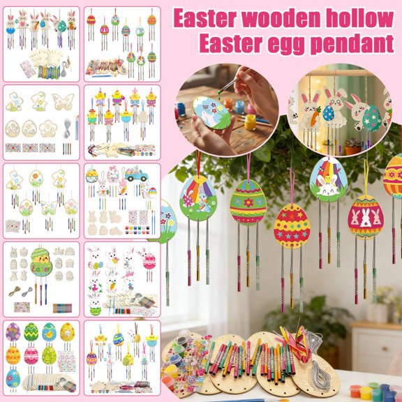 12-Piece DIY Wooden Hollow Easter Egg Pendant Wind Chime Set, Unfinished Paintable Wood Cutouts with Hanging Accessories for Easter Party Decor, Home Wall & Door Ornaments, Family Craft Activities