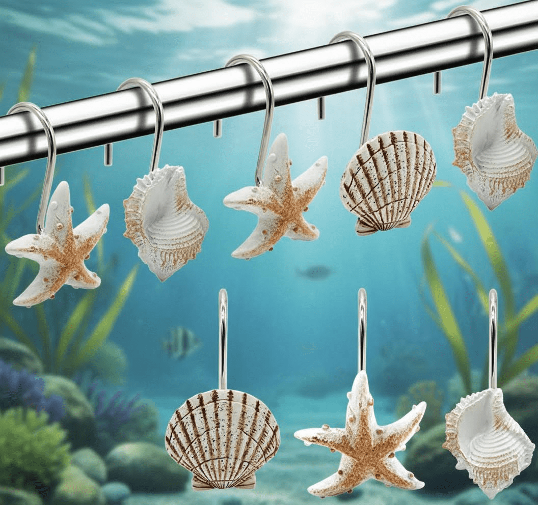 12-Piece Decorative Seashell Shower Curtain Hooks, Rust-Resistant Resin Bathroom Accessories for Bedroom, Living Room, and Nursery Decor in Light Brown
