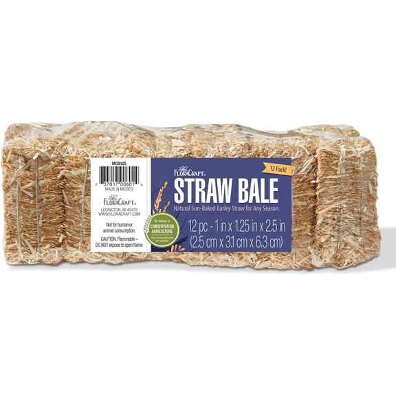 12 Piece Decorative Straw Bale 1 Inch x 1.25 Inch x 2.5 Inch Natural