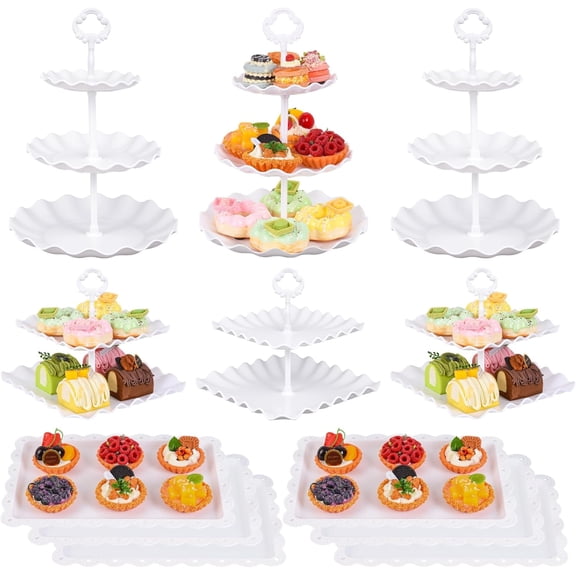 12-Piece Dessert Table Display Set, 6 Cupcake Stands and 6 Dessert Trays, Plastic Dessert Display Racks and Cake Stands, for Weddings, Baby Showers, Tea Parties (White)