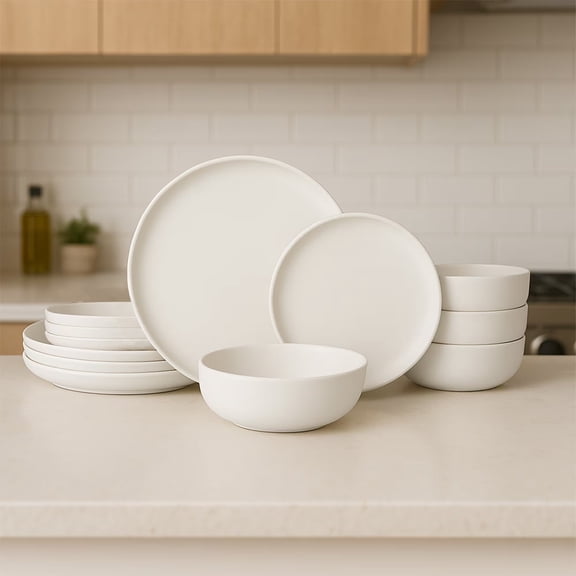 12 Piece Dinnerware Set,12-Piece Stoneware Dinner Plates Bowls Sets Microwave Dishwasher Safe Dinner Plates Bowls Set Stackable Matte Glaze Kitchenware For 4