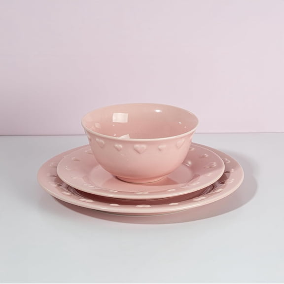 12-Piece Dinnerware Set, Embossed Hearts. Iconic Ceramic Stoneware Service for 4 with Dinner Plates, Salad Plates, and Bowls, Microwave & Dishwasher Safe, Pink