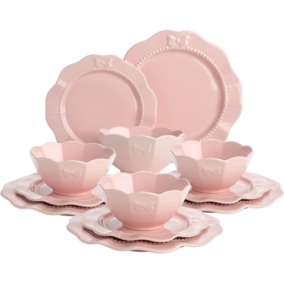 12-Piece Dinnerware Set, Iconic Ceramic Stoneware Service for 4 with Dinner Plates, Salad Plates, and Bowls, Microwave & Dishwasher Safe, Pink