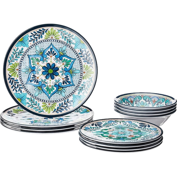 12-Piece Dinnerware Set – Multicolored Plates and Bowls for 4, Spanish Tile-Inspired, Durable, Lightweight, Shatterproof, Dishwasher Safe, Indoor Outdoor
