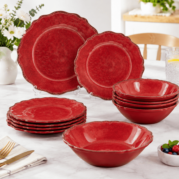 12 Piece Dinnerware Set, Red, Rustic Design, Dishwasher Safe, Tableware for 4