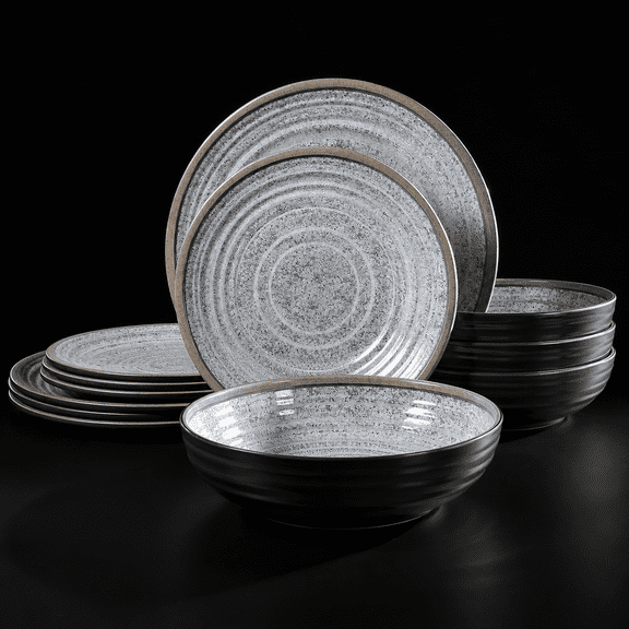 12-Piece Dinnerware Set, Service for 4, Black & Gray Granite Pattern