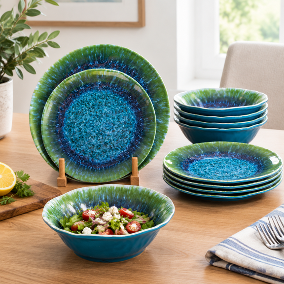 12-Piece Dinnerware Set, Teal Turquoise Blue Green, Dishwasher Safe
