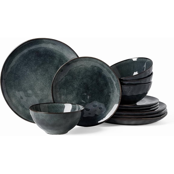 12-Piece Dinnerware Set for 4 10.25 Inch Dinner Plates 8 Inch Salad Plates 6 Inch Cereal Bowls Reactive Glaze Stoneware Deep Forest