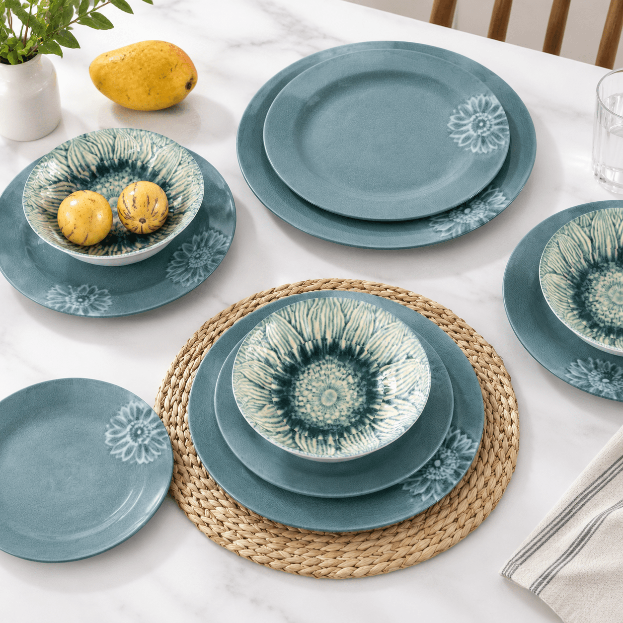 Main Course Dinner Set 12-Piece Dinnerware Set for 4 People, Blue Green, Shatterproof Dish Set ...