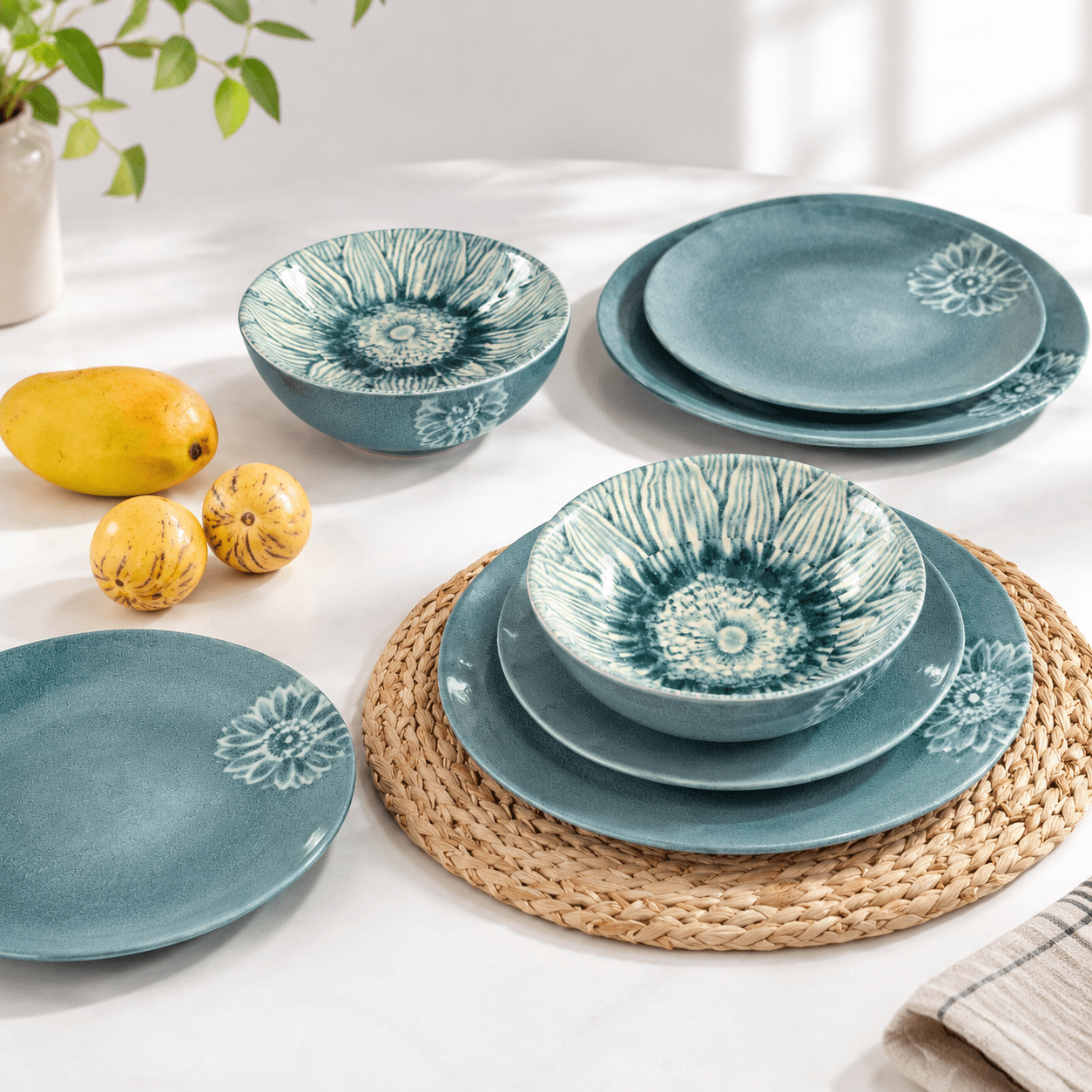 Main Course Dinner Set 12-Piece Dinnerware Set for 4 People, Blue Green, Sturdy Shatterproof ...