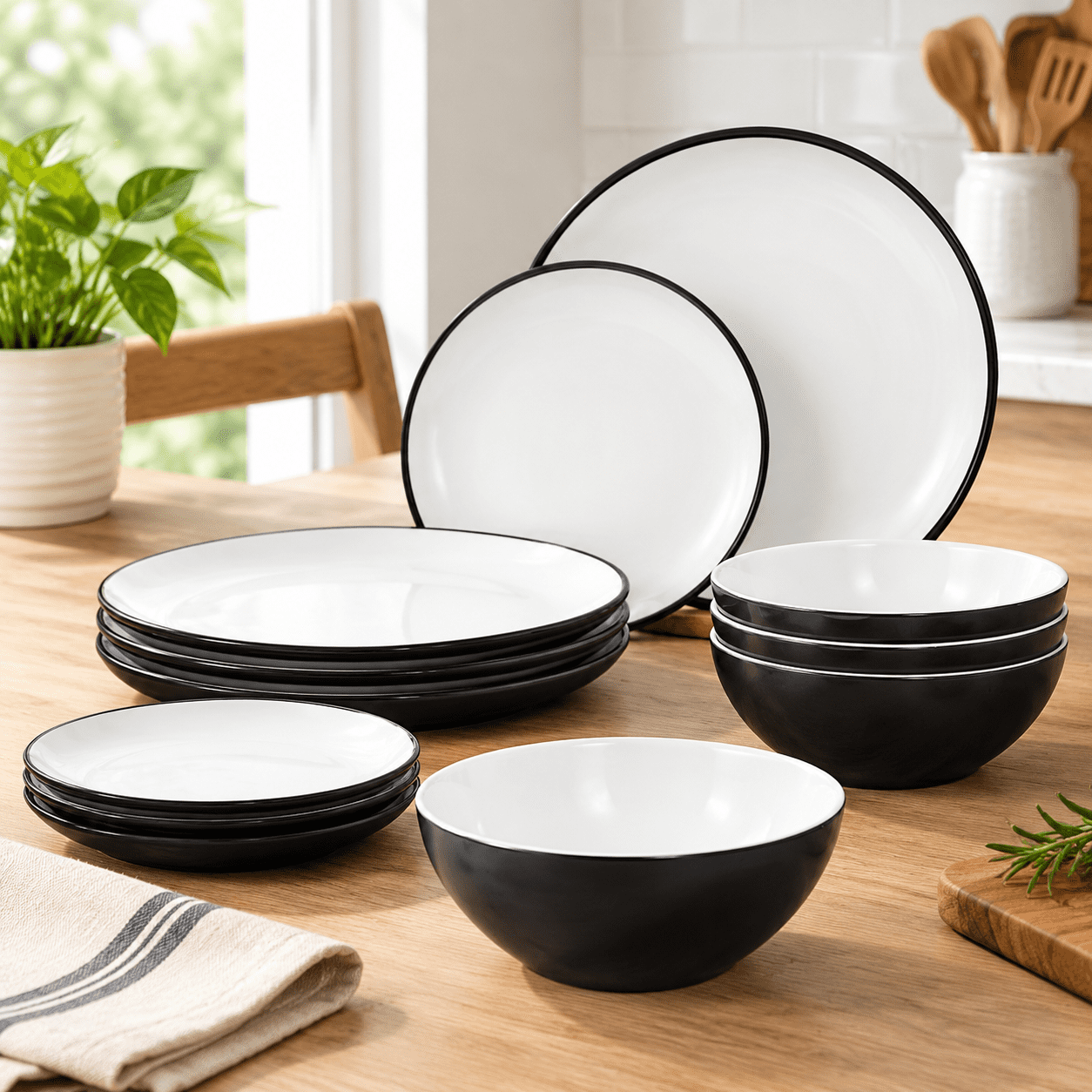 Main Course Dinner Set 12-Piece Dinnerware Set of 4, White-Black, Indoor Outdoor Use, Durable ...