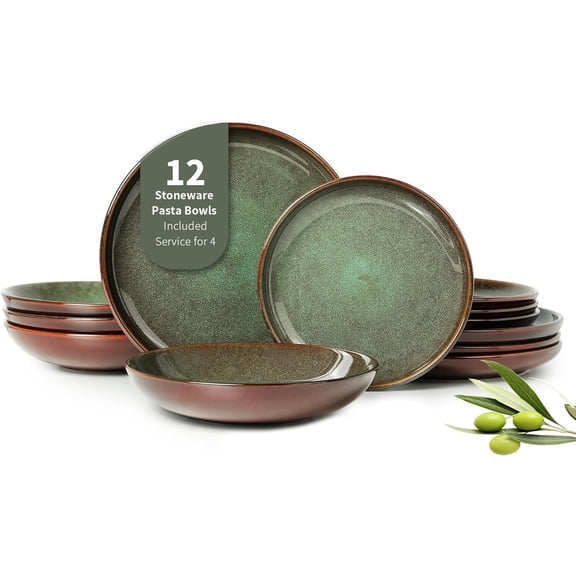 12 Piece Dinnerware Sets with Pasta Bowls, Stain Resistant Dish Set, Easy Cleaning Dishes, Multi-Functional Plate and Bowl Set, Stack Compactly Plates, Service for 4 Sage Green