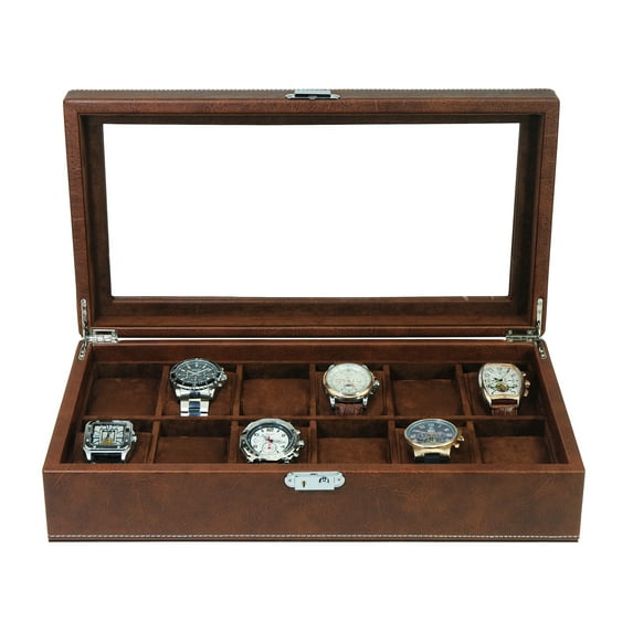12 Piece Distressed Brown Leatherette Big Face Watch Display Case Storage Box