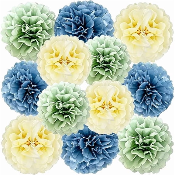 12 Piece Dusty Blue Sage Green Tissue Paper Pom Poms Hanging Flower Balls for Wedding Baby Shower Party